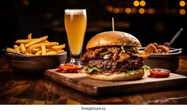 A delicious burger with fries and a beer