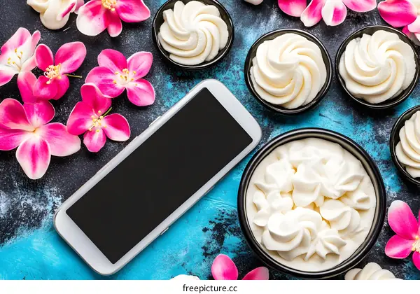 Whipped Cream, Pink Flowers, and Smartphone on a Blue Background