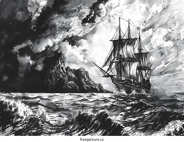 Black And White Illustration Of A Sailboat Sailing Past A Rocky Cliff
