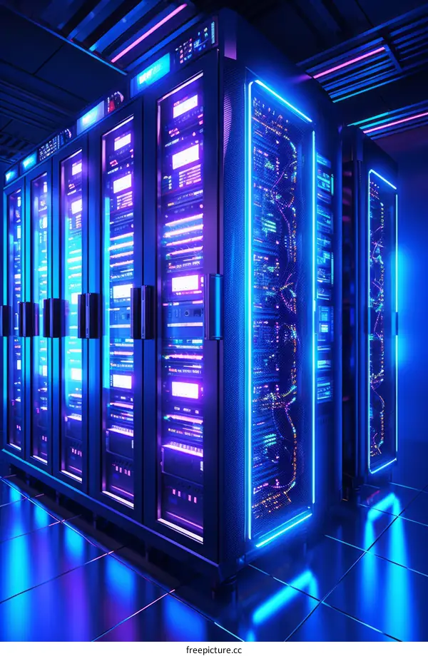 Server room with blue and purple neon lights