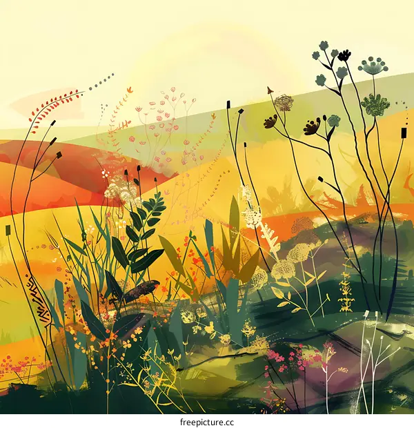 Abstract Landscape with Colorful Plants and Sun