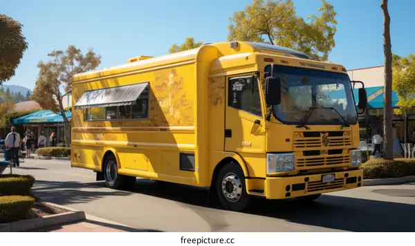 Yellow food truck parked on a street with people walking in the background