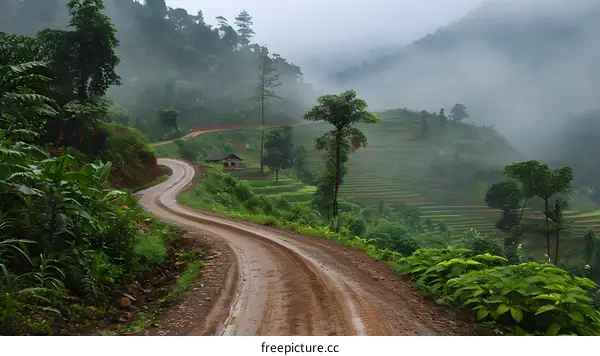 Winding Dirt Road Through Lush Green Mountains
