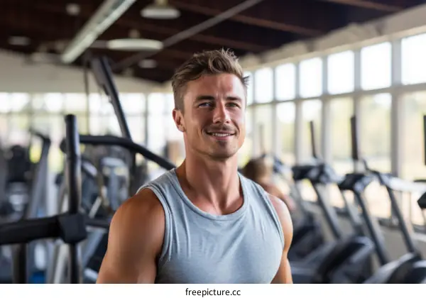 Handsome muscular man in sportswear standing in the gym and looking away