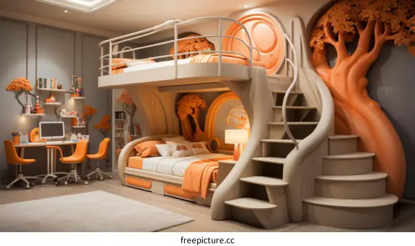 Whimsical and Colorful Bedroom With Tree Themed Bunk Bed