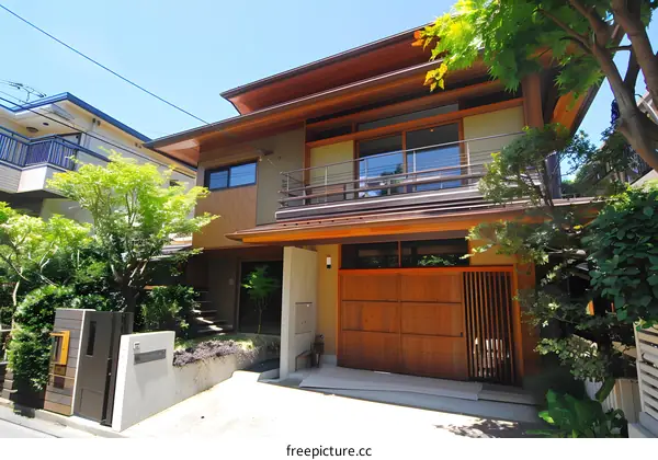 Modern Japanese Style Two Story House With Wooden Garage Door And Balcony