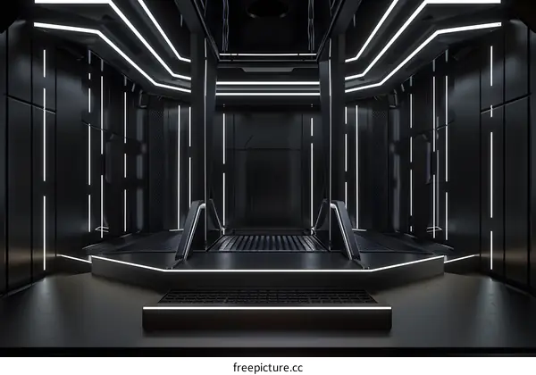 Futuristic Black Room Interior Design With White Neon Lights