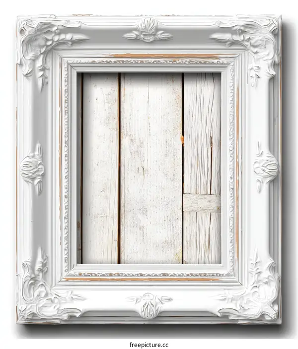 Antique White Picture Frame on Wooden Background