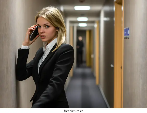 Young Business Woman in a Corridor Talking on the Phone