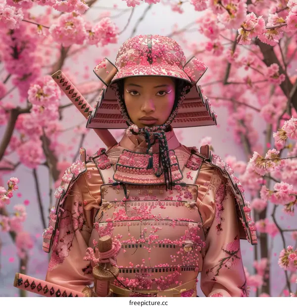 Pink Samurai Warrior Woman with Cherry Blossoms