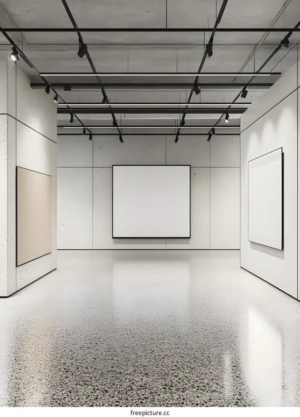 Empty Gallery Interior with Spotlights and Blank Canvases