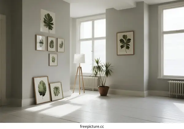 Bright and airy room with plant artwork and natural light