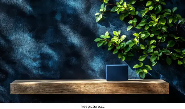Modern Wooden Shelf Display with Dark Blue Box and Greenery