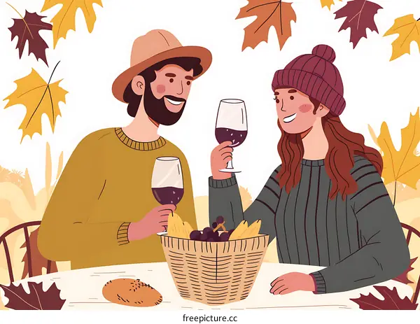 Couple Enjoying Wine and Food in Autumn