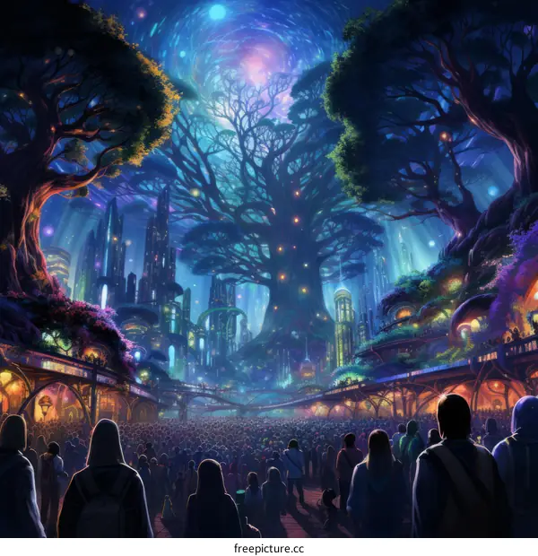 A crowd of people in a magical forest with a giant tree in the center