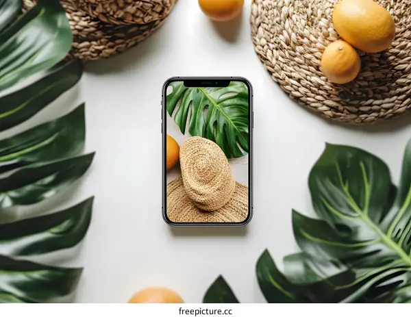 Summer Phone Mockup with Hat and Tropical Leaves