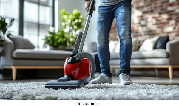 Man Vacuuming Carpets in Modern Living Room