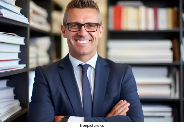 Businessman in suit smiling in library