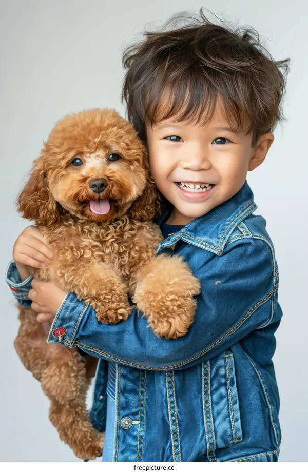 A smiling boy hugging a brown toy poodle