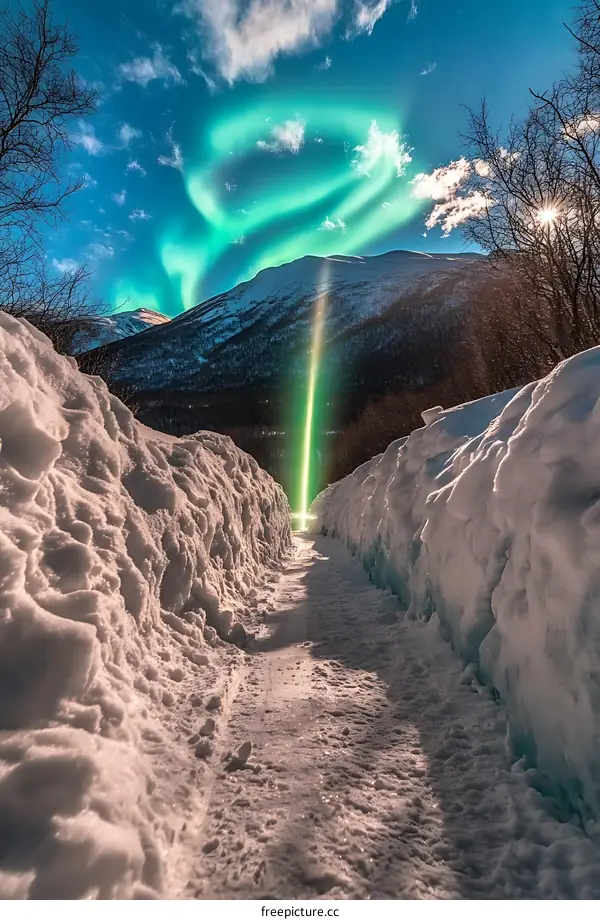 Snowy Path Leading to Green Aurora Borealis