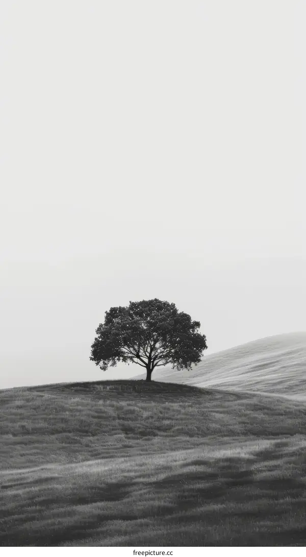 Black and white photo of a lonely tree on a hill