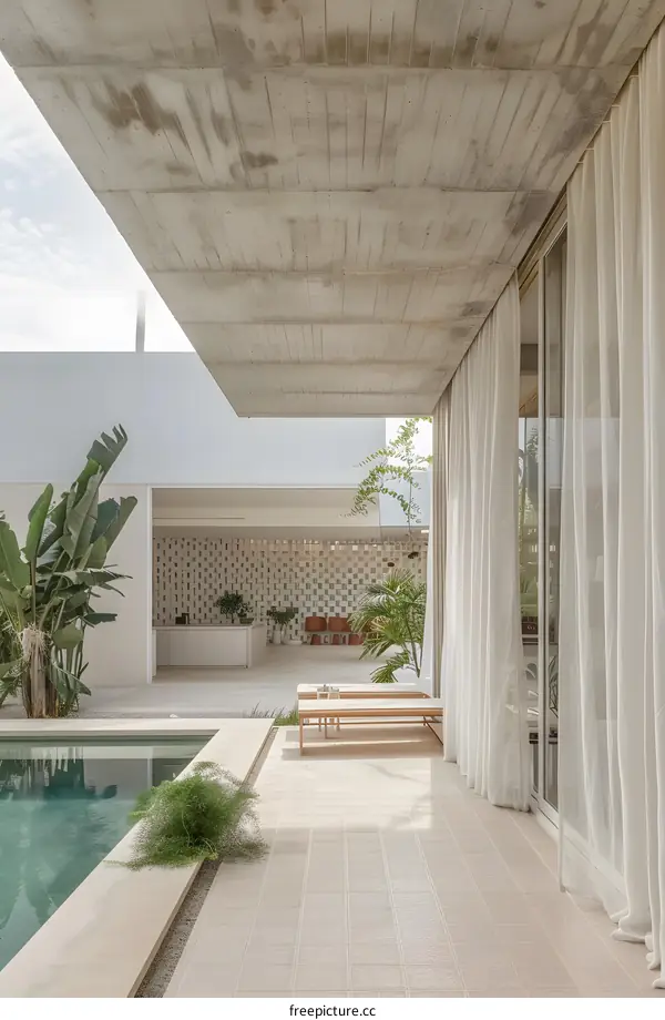Modern Minimalist Poolside Patio with Concrete Ceiling and White Curtains