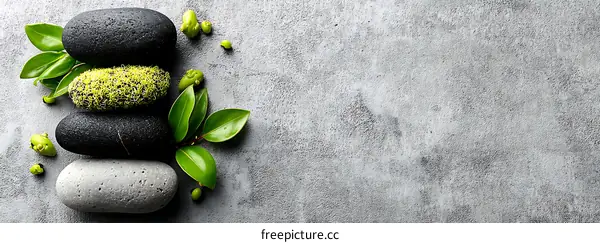 Zen Stones and Green Leaves on a Gray Background
