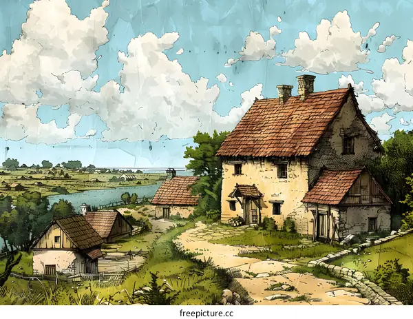 Vintage Illustration of a Countryside Village with Stone Houses and a River