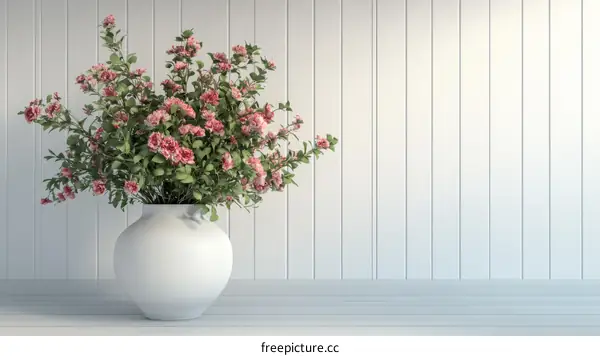 Pink Flowers in a White Vase Against a White Wall
