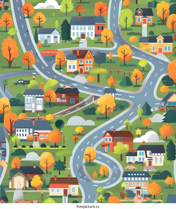 Autumn Illustration of Houses and Roads in a Suburban Neighborhood