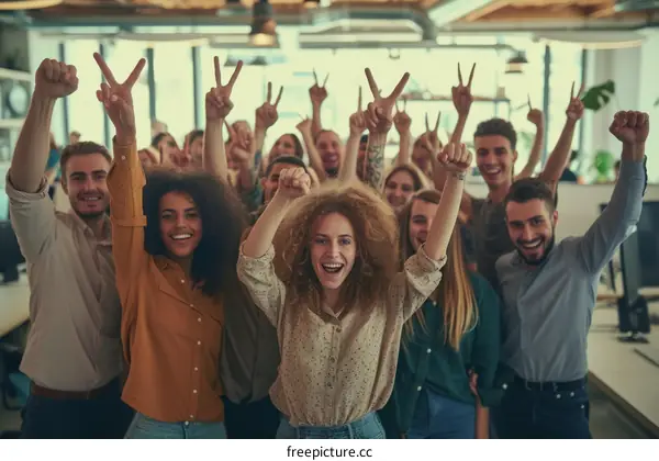 Group of diverse young professionals celebrating their success in a modern office