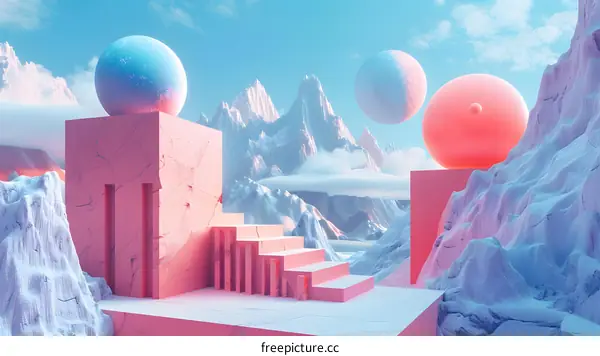 Pink and blue podiums in a snowy mountain landscape with two moons