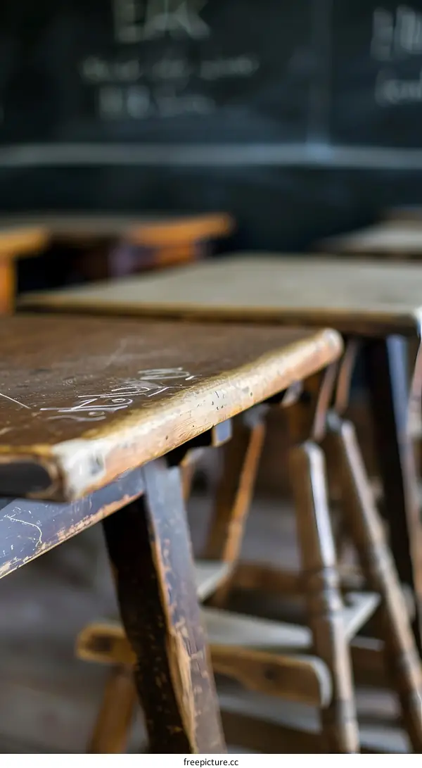 Old Wooden Desks In A Classroom With A Chalkboard In The Background
