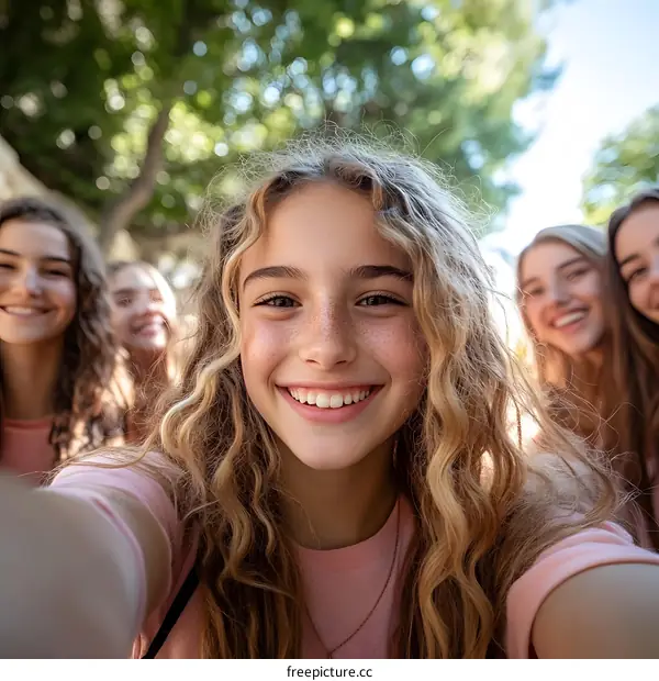 Group of Young Girls Taking Selfie in the Park