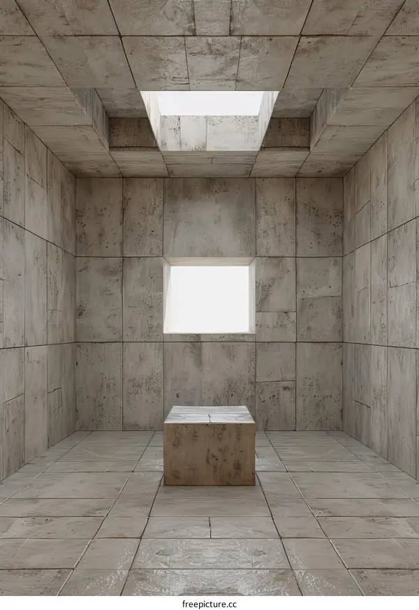 Small concrete room with a single skylight and a rectangular opening