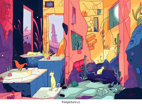 Abstract Colorful Illustration with Cats and Cactus