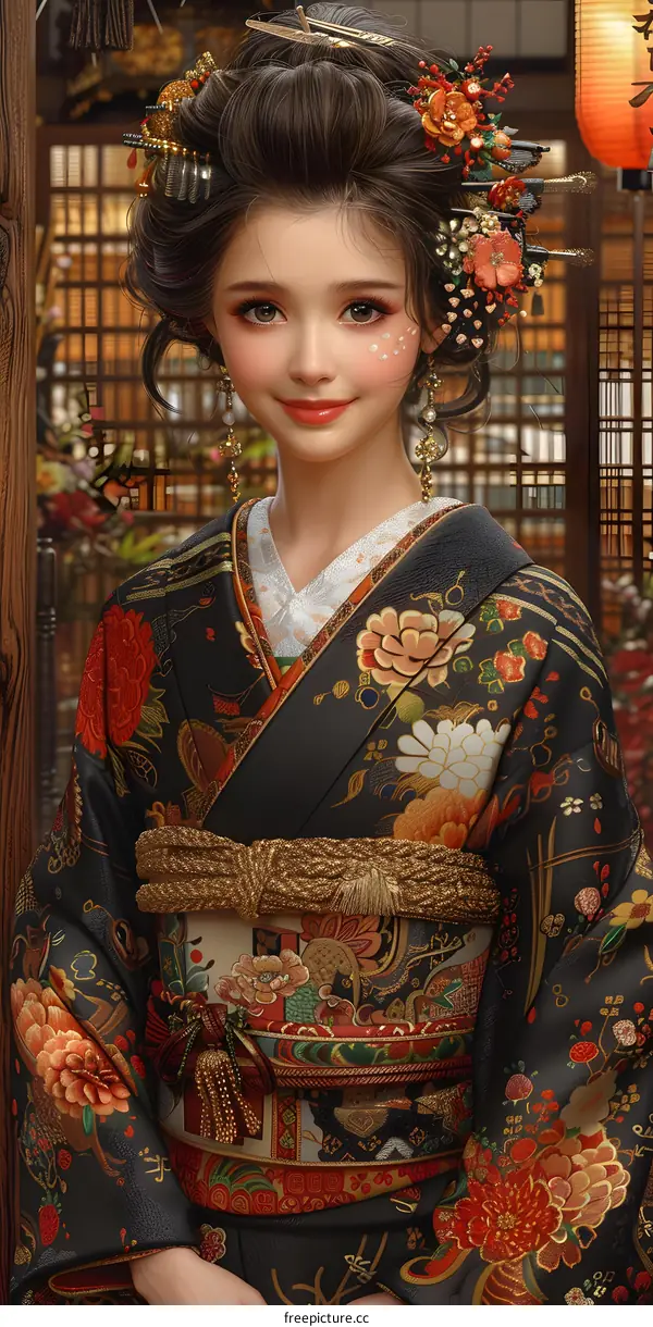 A woman in a kimono with red and white flowers in her hair and a golden belt.