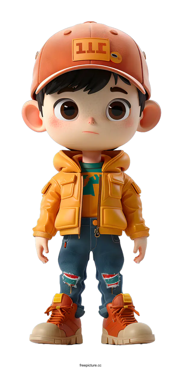 [Transparent Background PNG]3D rendering of a boy wearing a yellow jacket and blue jeans