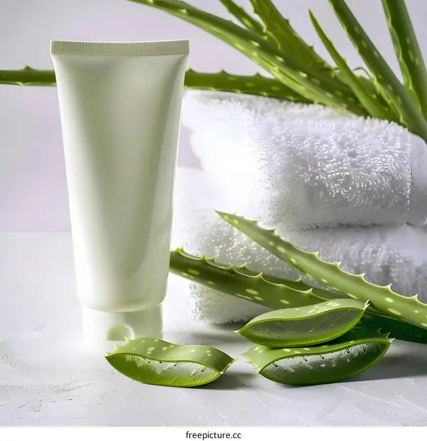Aloe Vera Cream Tube and Plant Leaves on White Background