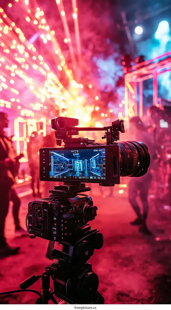 Camera Recording Fireworks Show with Crowd