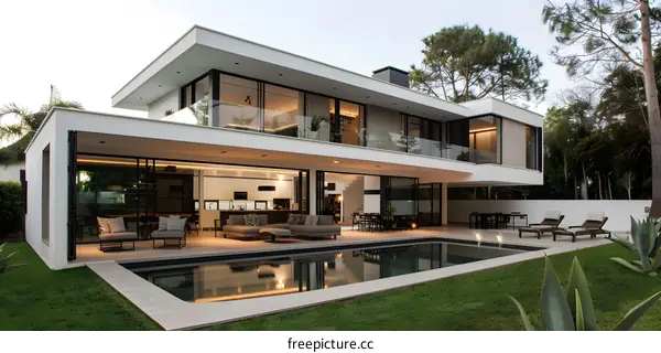Modern White House with Pool and Lush Greenery