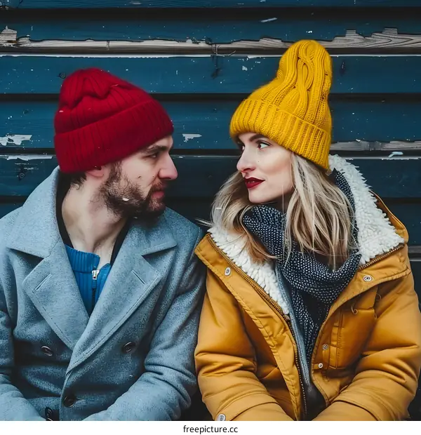 Couple in Winter Wear Looking at Each Other