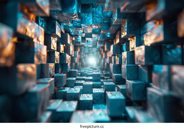 Blue and teal 3D rendering of a tunnel