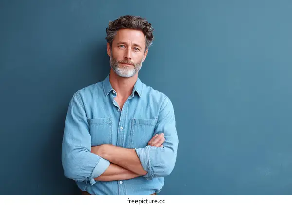 Confident Middle-Aged Man Portrait Against Blue Wall