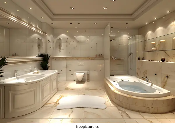 Luxury Bathroom Interior with Marble Walls and Gold Accents