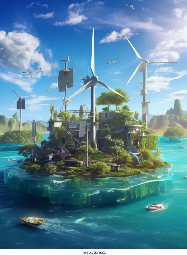 futuristic island with wind turbines and solar panels