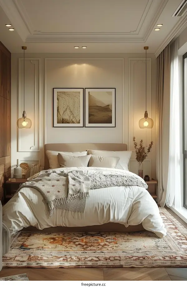 Modern bedroom interior design with ethnic rug