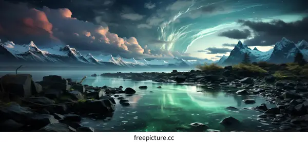 Aurora borealis landscape with mountains and lake