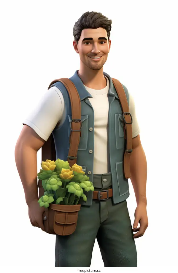 Male farmer holding a basket of yellow flowers