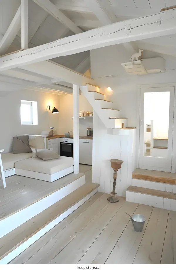 White Wooden Interior Design with a Small Kitchen and White Stairs